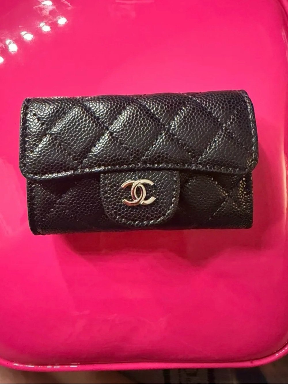 Classic black Diamond Quilted flap. Card case & wallet